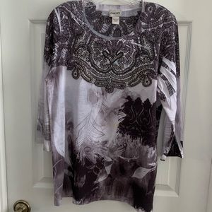 Chico's Blouse Sz L Embellished Boho Feather Print 3/4 Sleeve Tunic Top